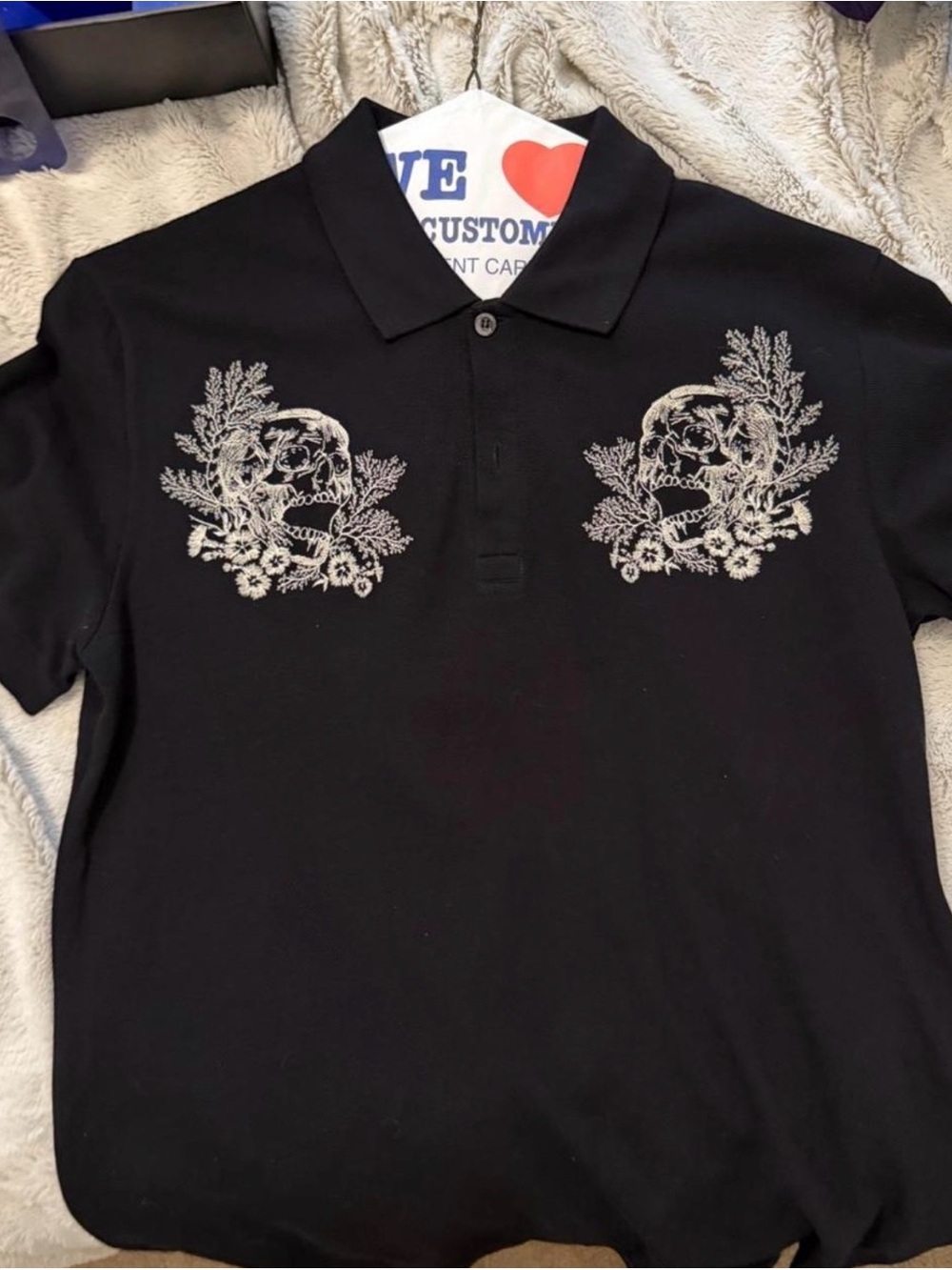 Alexander McQueen Black Polo with Silver Skull Embroidery